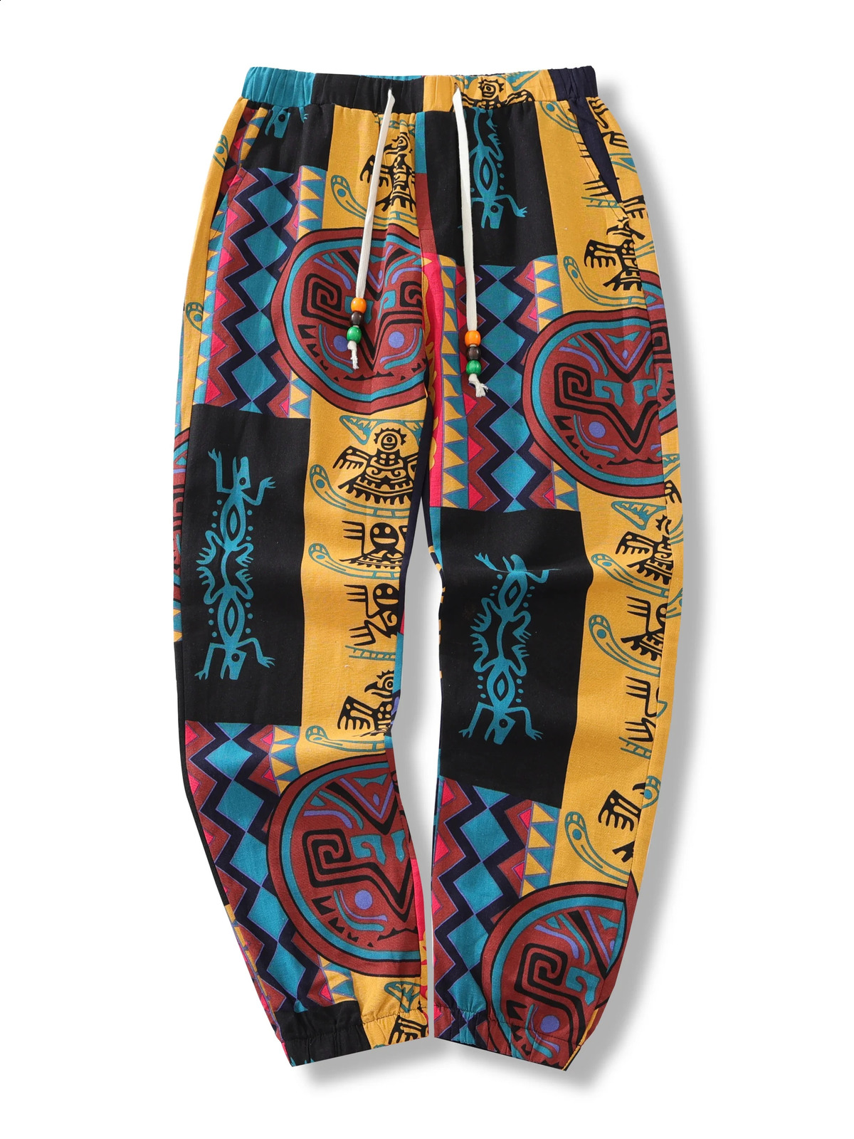 Mens Boho Tribal Print Stretch Linen Pnats Cotton Blend Drawstring LightWeight Trousers with Pockets Summer Jogger Pants 250729