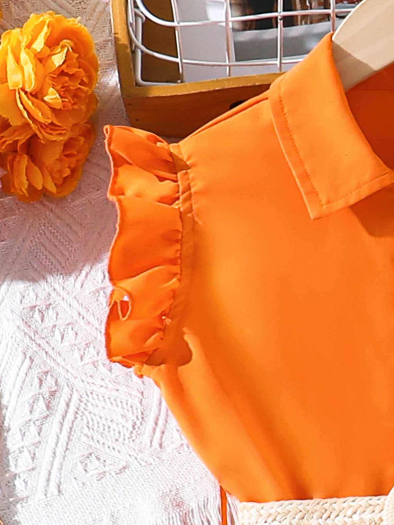 Girls Sunset Orange Dress 2025 Summer New Breathable Linen Blend with Woven Belt - Trendy Outdoor Kids Fashion W250811