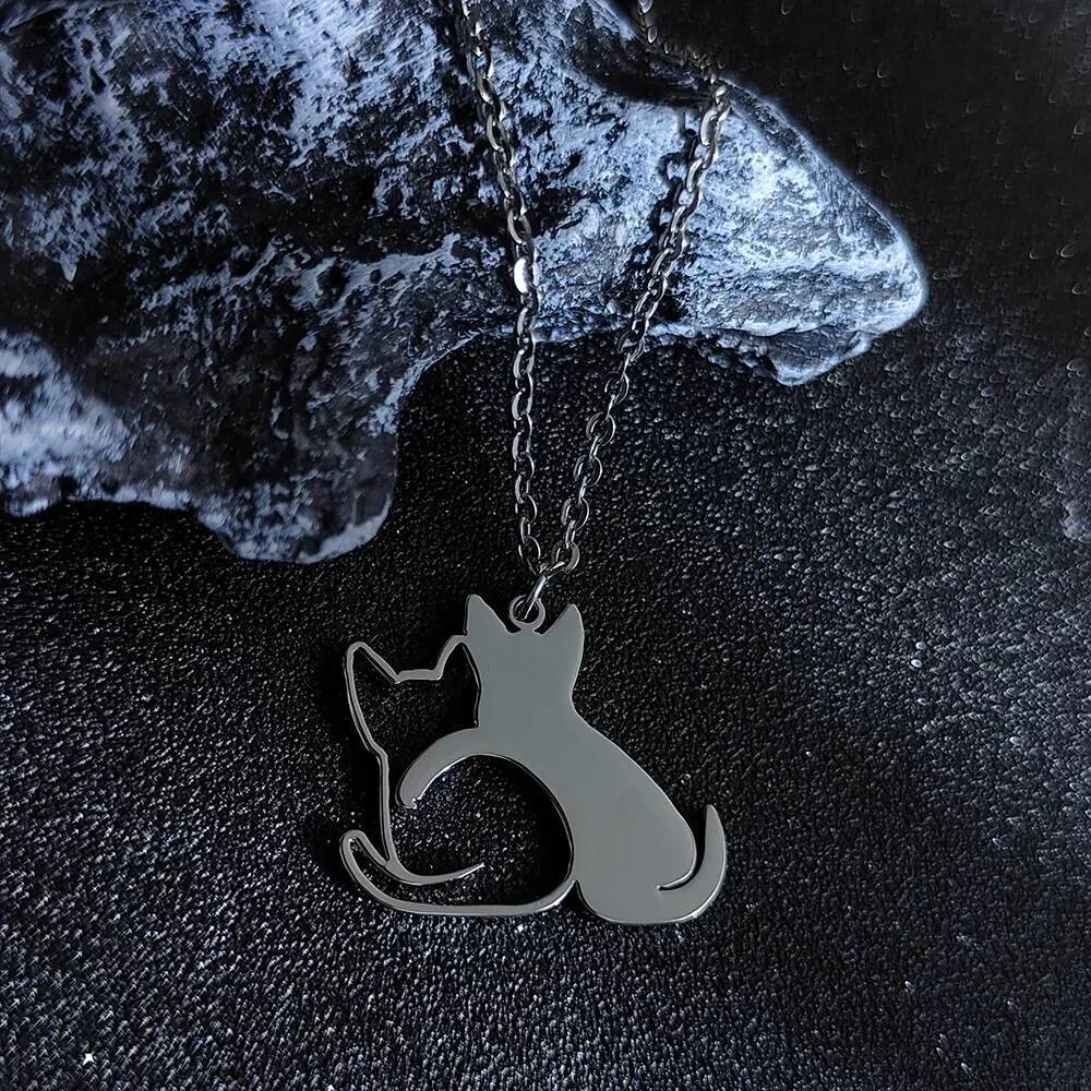Double Cat Pattern Pendant Necklaces for Women Cute Couple Gold Choker Fine Animal Stainless Steel Jewelry Valentine's Day Gifts