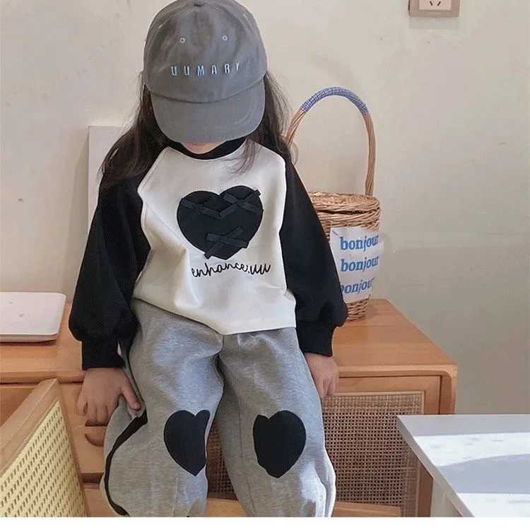 2PCS Clothing Set for Kids Baby Girls Autumn Spliced Raglan Long Sleeve Bow Sweatshirt Suits Loose Love Patchwork Sports Pants Outfits Z250811
