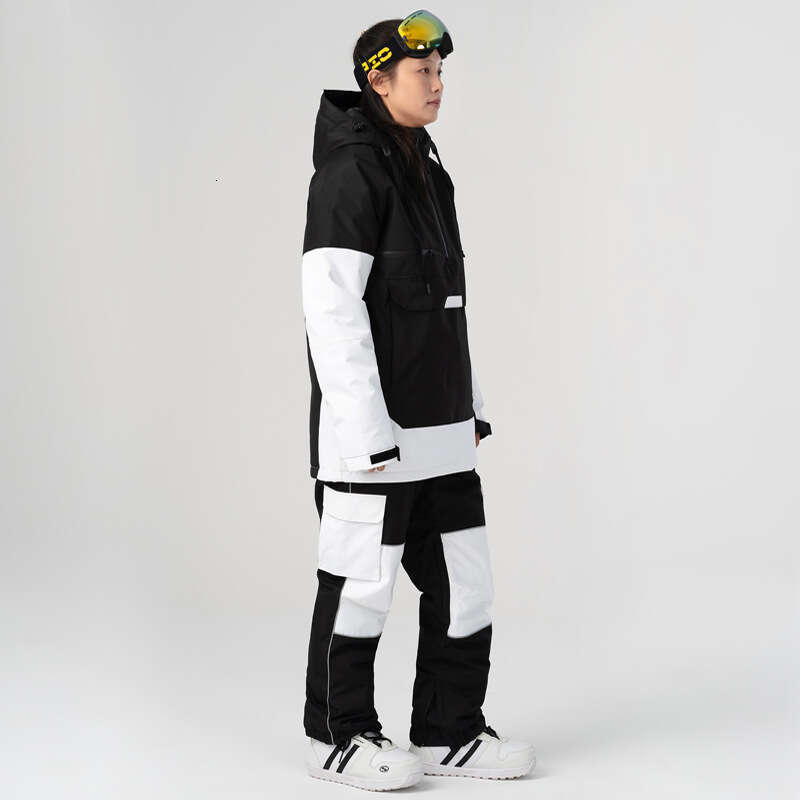 New contrast color suit set windproof waterproof warm breathable hoodie leggings ski pants men and women one piece