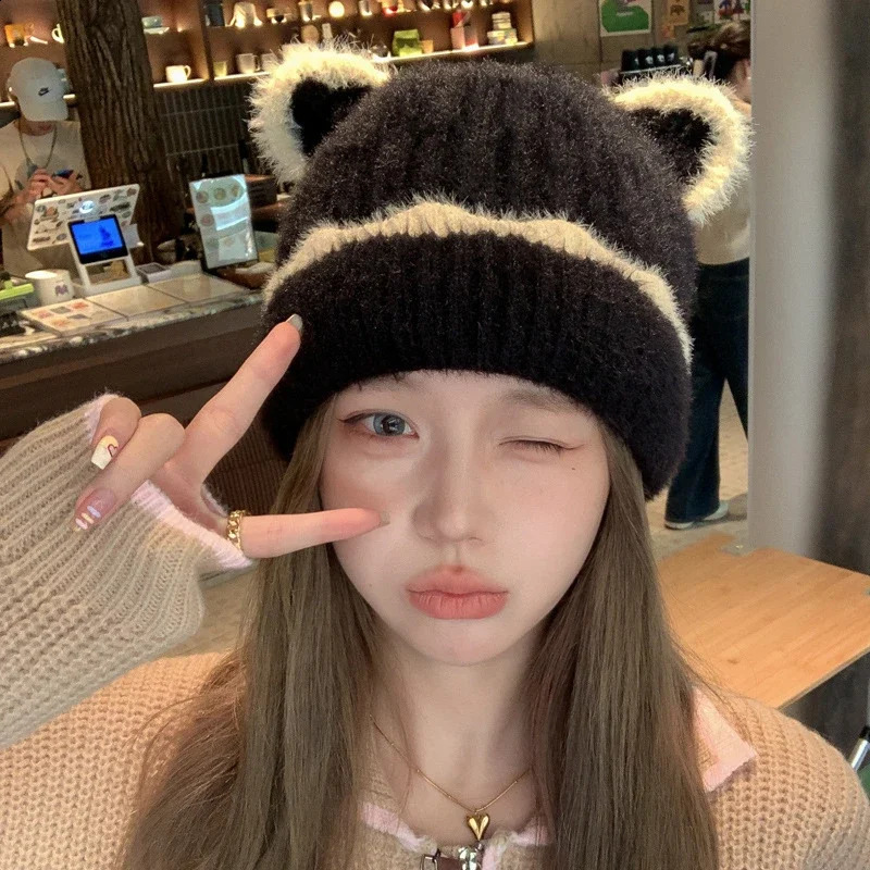 Cute Cat Ears Hat Women Autumn Winter Warm Knitted Hat Skullies Beanies Kpop Style Soft Beanie Hats Candy Female Streetwear Cap 250805