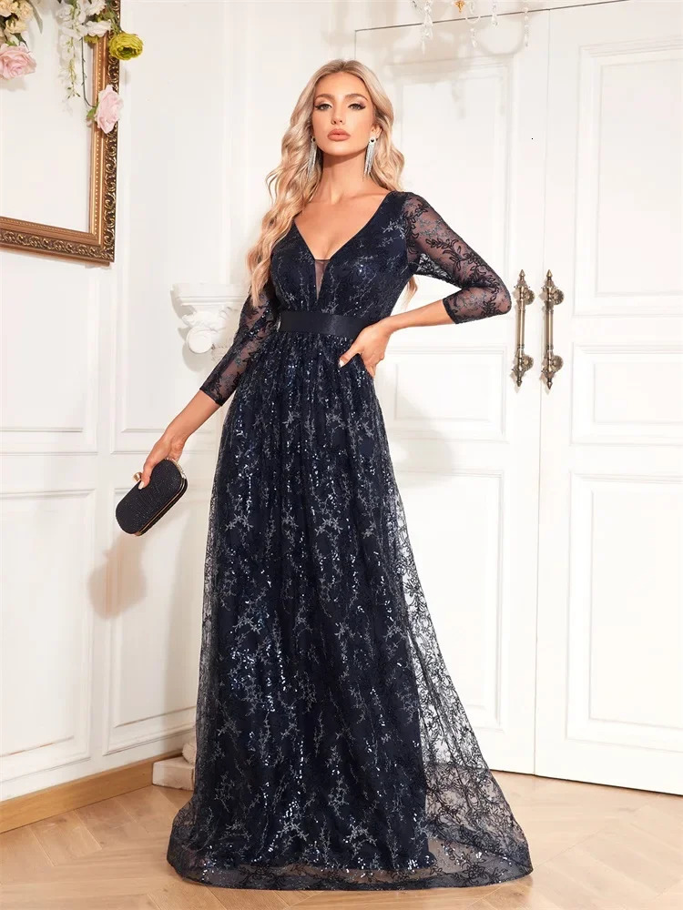 Elegant Blue VNeck Floral Evening Dress Long y Women Sleeve Wedding Party Cocktail Graduation Prom 250811