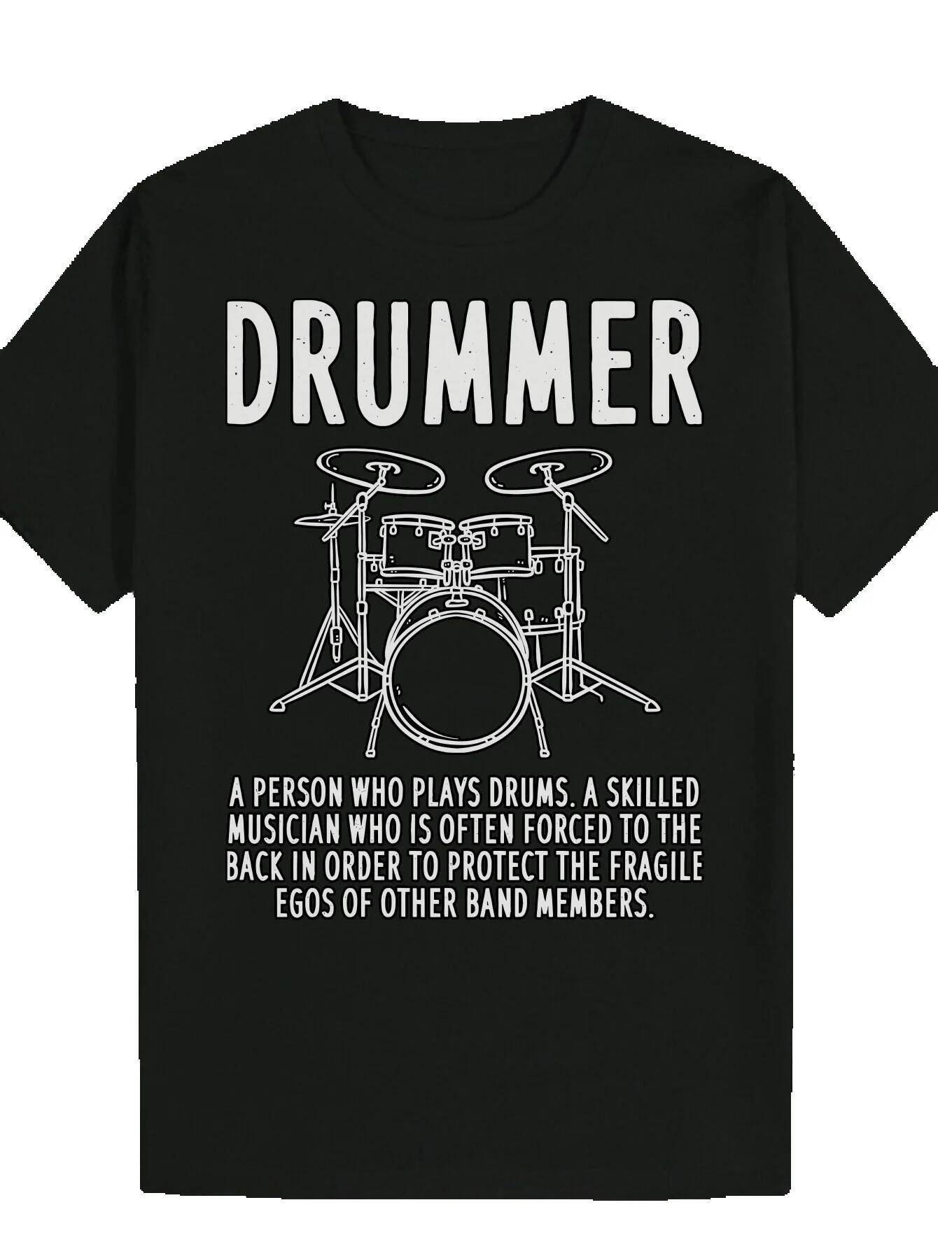 Men's Summer Casual Crew Neck T-Shirt - 'DRUMMER' Pattern Print, Polyester, Short Sleeve, Regular Fit, White with Black Design, Musicia