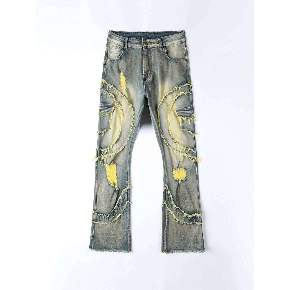 2025 New European and American men's casual jeans, street punk fashion, retro, ripped hole, slightly flared tassel elastic jeans