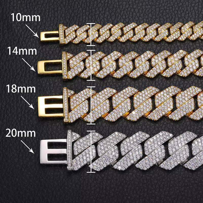 Hip Hop Mens Jewelry Multiple Sizes 10-20mm Miami Cuban Link Necklace Iced Out Prong Cuban Bracelets with 14k 18K Gold Plated