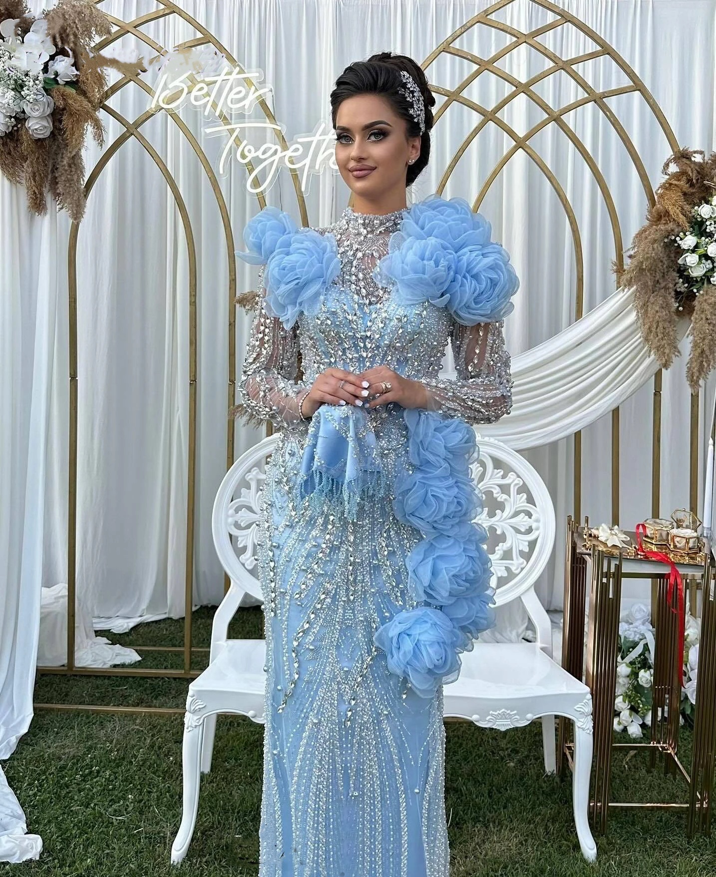 Modern High Neck Evening Dresses Crystal Pearls Prom Gowns Ruffle Flowers Sequins Long Sleeves Customized Party Dresses Vestidos de noche Plus Size