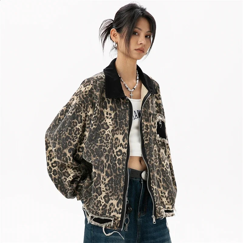 Womens Vintage Short Windbreaker Jacket Autumn Cotton Leopard Denim Jackets for Woman Womens Autumn Clothes 250811