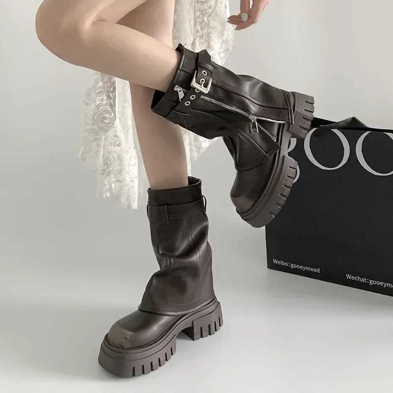 2024 Winter Women Biker Boots Fashion Belt Buckle Elegant Ladies Platform Long Pipe Booties Casual Womens Knee High Booties W250811
