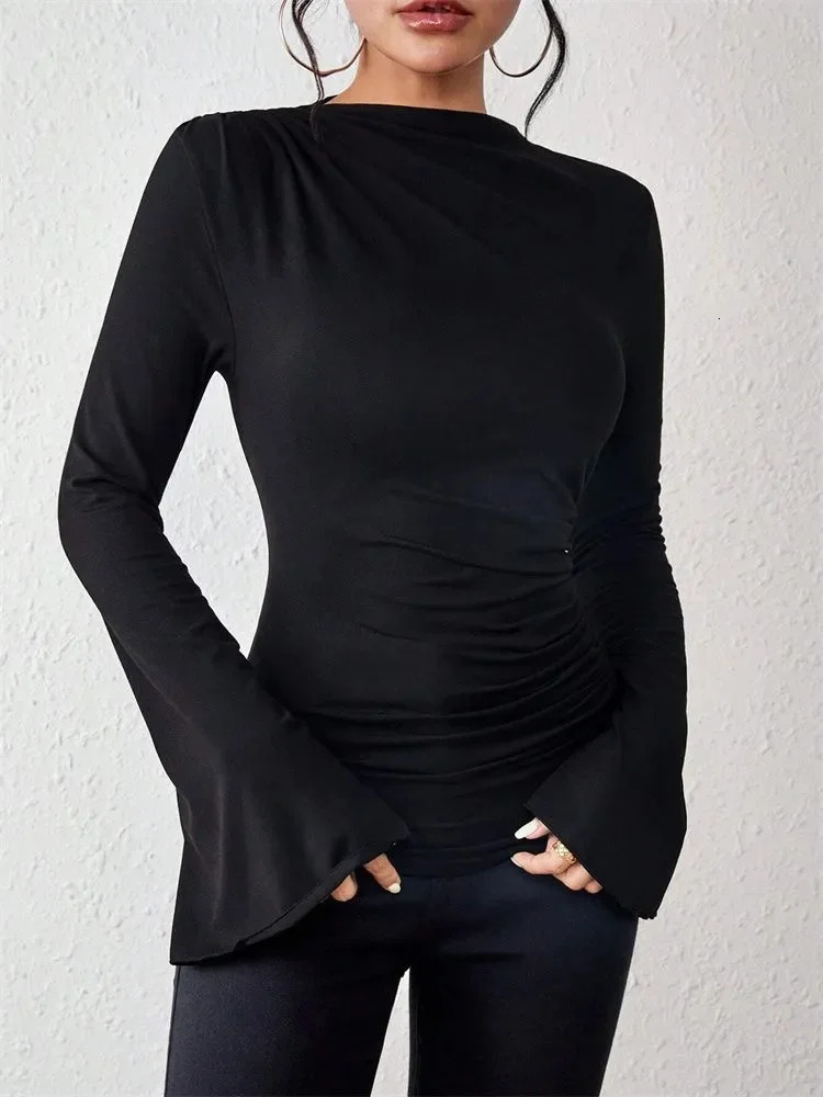 Women Flare Long Sleeve Pleated Mock Neck Blouse Top Autumn Winter Solid Color Ruched Tee Shirt streetwear 250811