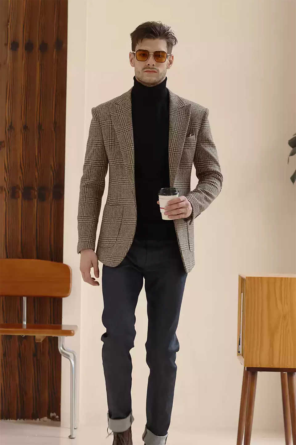 Vintage Men Suit Single Breasted Houndstooth Short Man Tailcoat Peaked Lapel Business Blazers Overcoat High Quality Customized