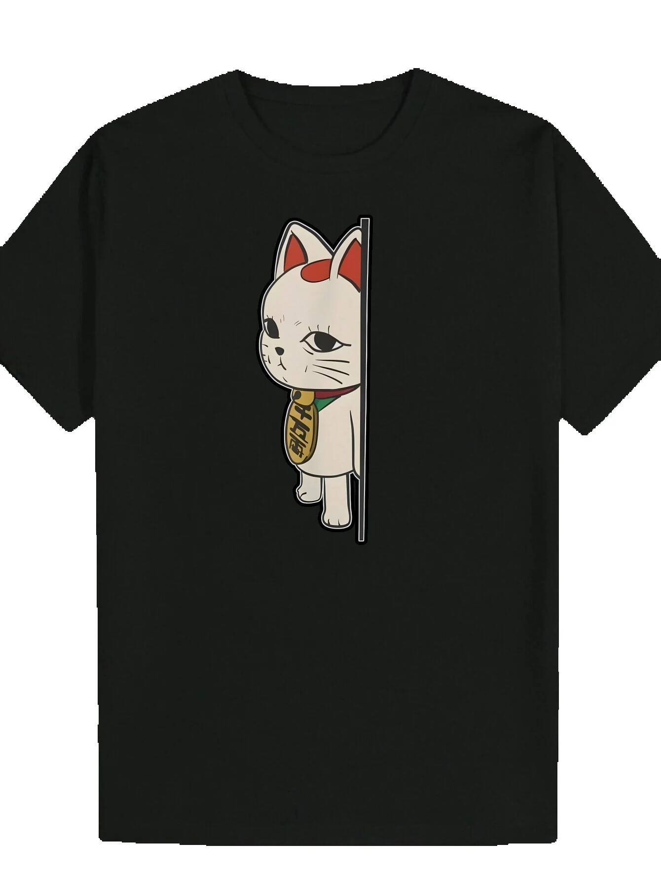 Men's T-Shirt, Cute Pattern - Round Neck, Short Sleeve, Polyester Fabric, Regular Fit, Animal Suitable for Wear, Summer Casual Wear Playful Cat P