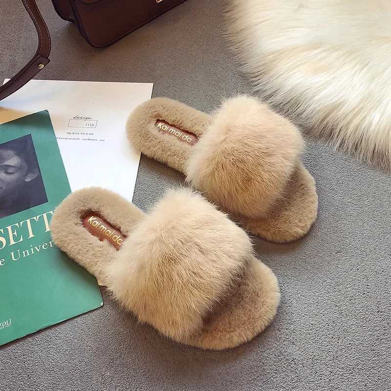 Women Autumn Winter Casual Fur Slippers Flat Non-slip Solid Real Fox Slides Fluffy Ladies Shoes XJ250811