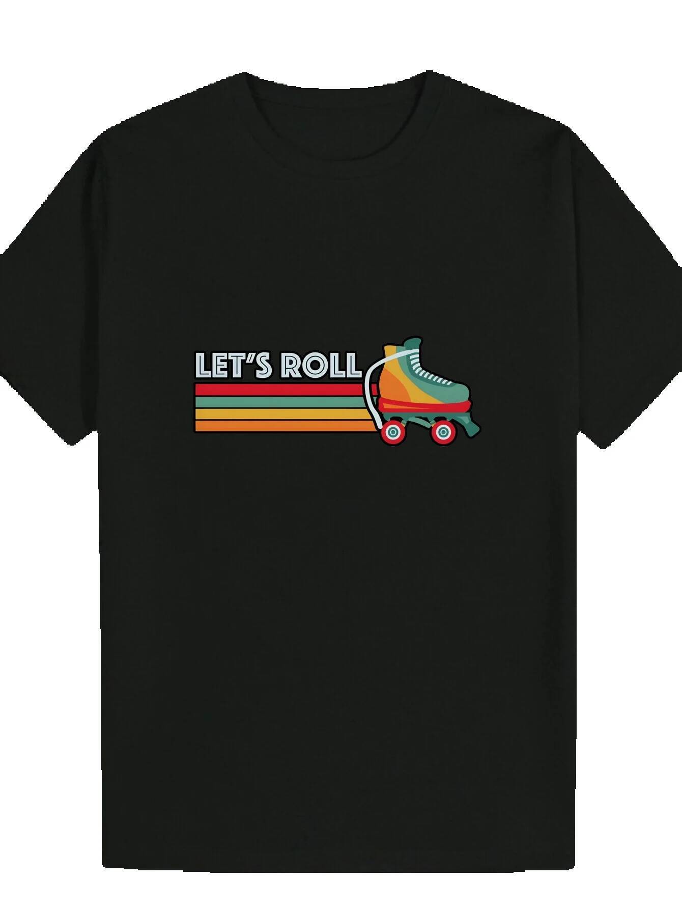 Men's Summer Casual Short Sleeve T-Shirt - Black Roller Skate Pattern and "Let's Roll" Print, Breathable Polyester Fiber, Crew Nec