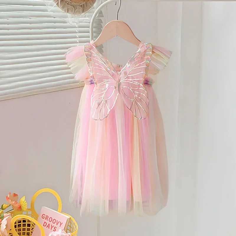 Baby Girls Gradient Rainbow Tulle Sling Dress Back Butterfly Mesh Vintage Dress Children Wedding Birthday Party Princess Dress W250811