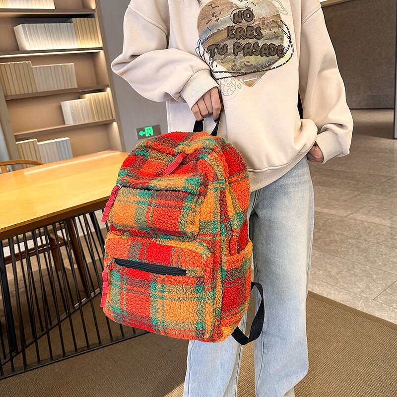 Designer Bags Autumn Winter Rainbow Plush Backpack Women, Style Plaid Furry Double Shoulder Bag For Girls