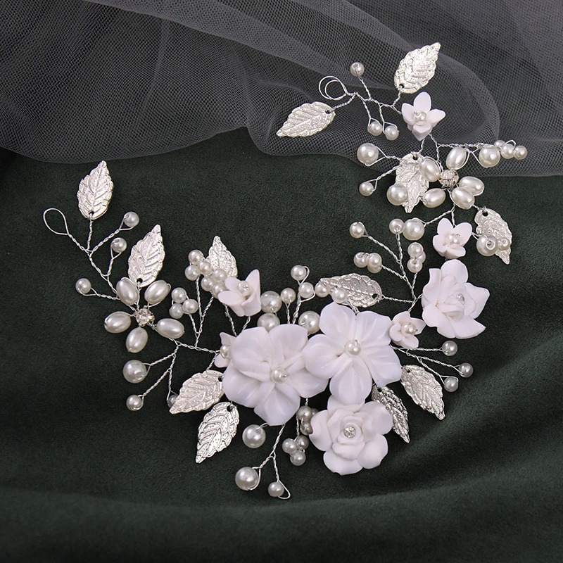 Bride Ceramic Flowers Wedding Headband with Crystal Pearls Bridal Hairband Womens Hairpin Stylish Headpiece Hair Jewelry Access 250804