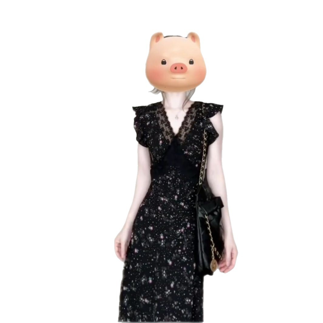 2025 Black Lace Patch Flower Dress Summer Vacation Style trend French Elegant, Unique, Beautiful Asymmetric Waist Long Dress New Designer