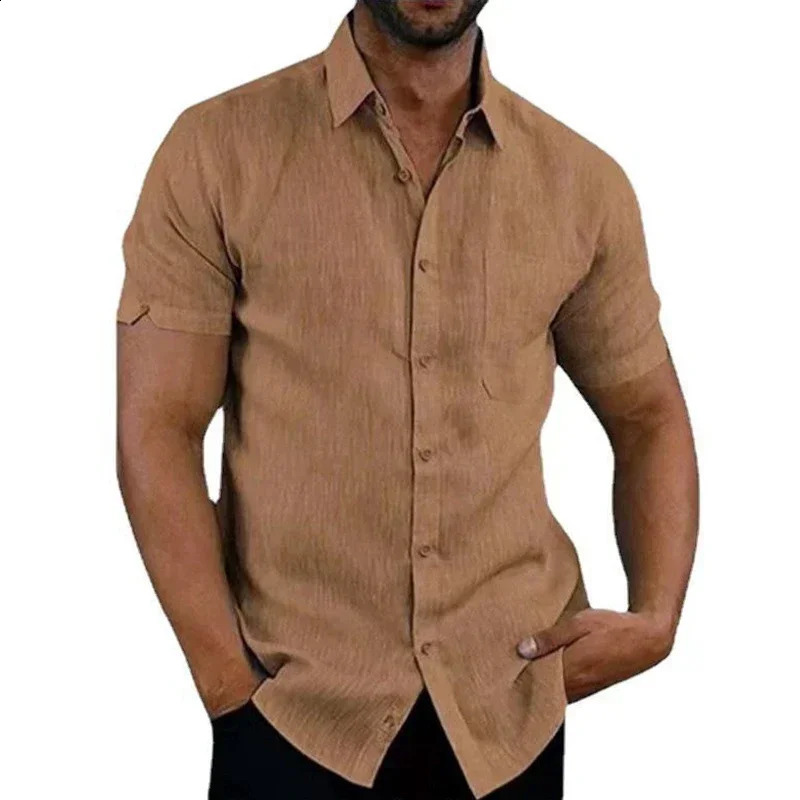 Summer Cotton Linen Shirts for Men Casual Short Sleeved Shirts Blouses Solid Turn-Down Collar Formal Beach Shirts Male Clothing 250811