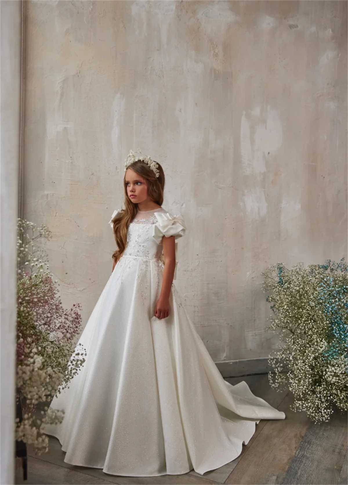 100% Cotton White Lace Applique Flower Girl Dress for Wedding Neck Toddler Puffy Princess Evening Party First Communion Ball Gown W250811