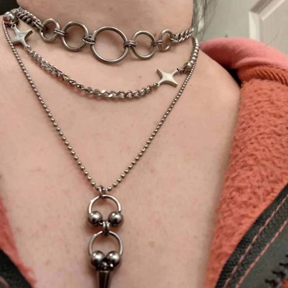 Goth Stainless Steel Curb Chain Circle Choker Necklace for Women Grunge Alternative Collar Adjustable Length