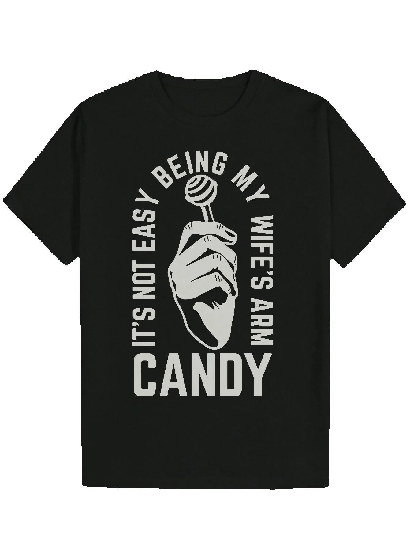 Men's Casual Round Neck Polyester 'This is Not My Wife's Candy' Print, Summer Fashion T-Shirt with Heart Pattern, Comfortable to W