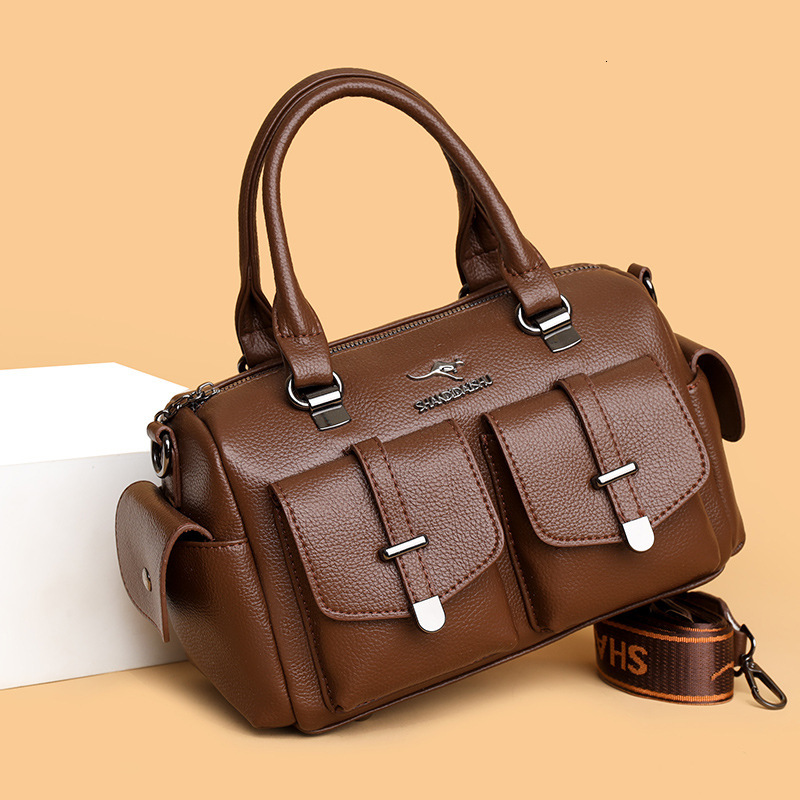 Soft Leather Boston Women's Handbag New Simple Commuter Multi-Pocket Large Capacity Shoulder Crossbody Bag ddmymoon