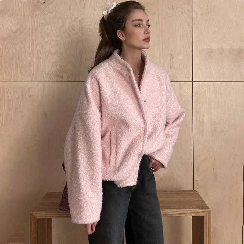 Talenza Womens Pink Short Fur Jacket Autumn Loose Fashion Long Sleeve Jacket Top Casual Stand Collar Pocket Button Warm Jacket 250804
