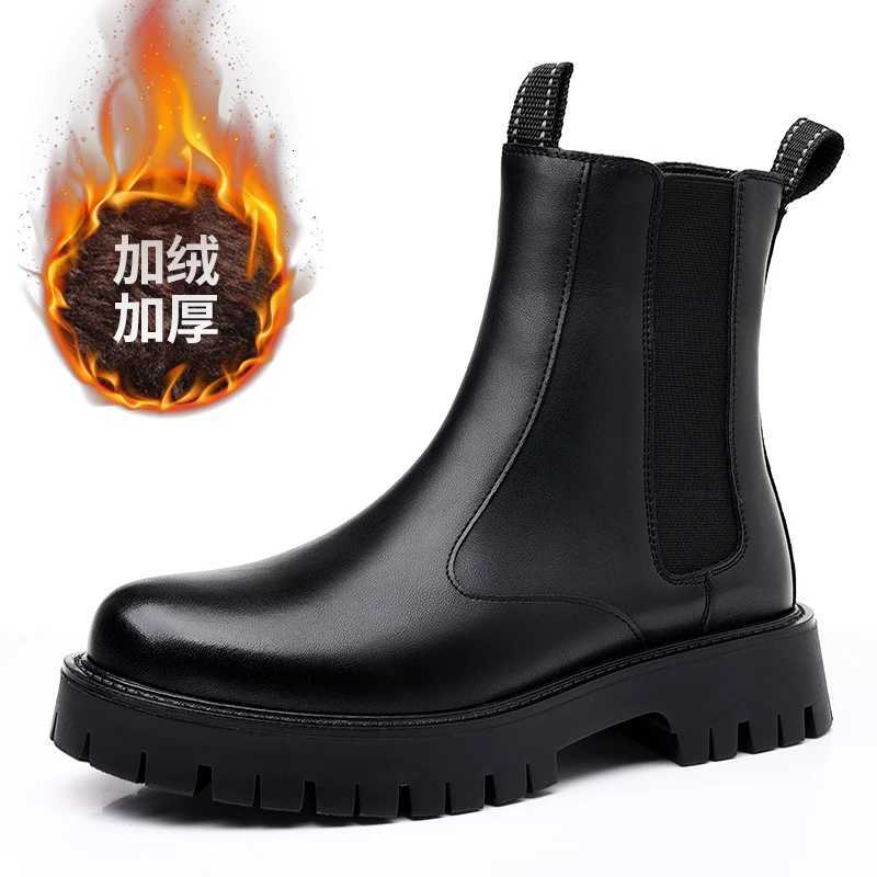 Brand Classic Black High Top Boots Men High Heel Genuine Leather Ankle Chelsea Boots Men British Style Thick Sole Mid Top Boots W250811
