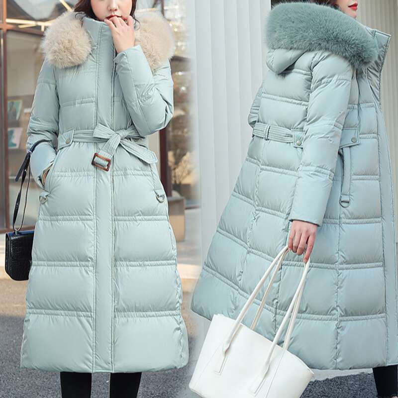 Winter new large fur collar, medium length waist belt, slim fit down cotton women's jacket