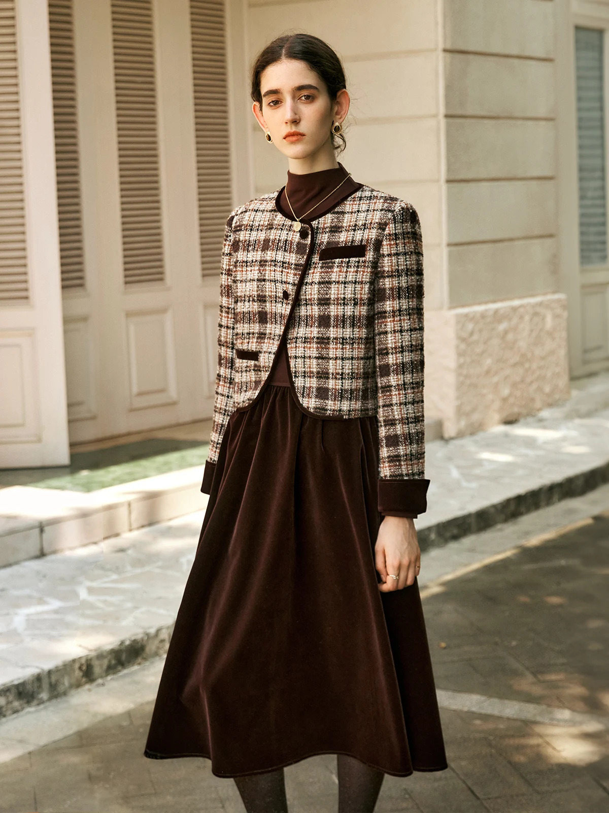 OLrain Twopiece Dresses Sets Women Spring Patchwork Velvet Midi Dress Tweed Plaid Jackets Elegant Ladies O56DE95268 250811