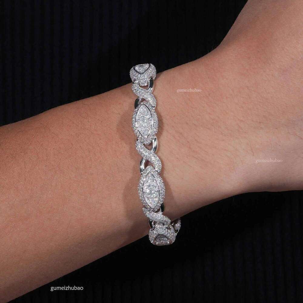 Real Sterling Sier Gold Plated Hip Hop VVS Lab Dia Moissanite Infinity Cat Eye Cuban Link Chain Bracelet