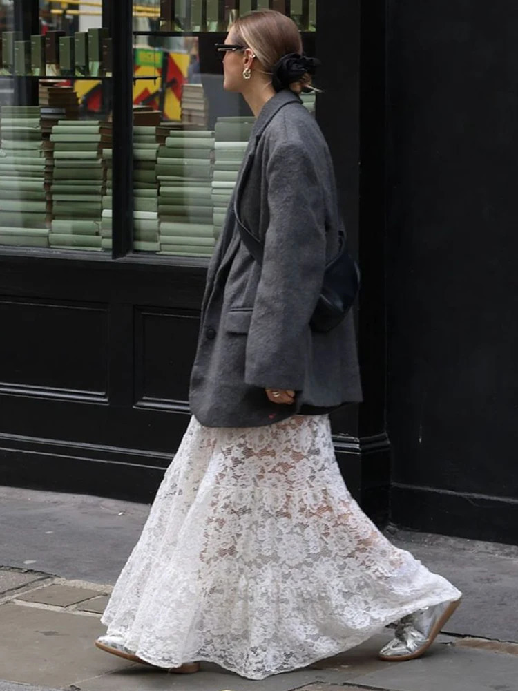 Trendix See Through Lace Skirts Women High Waist Street Fashion Loose Hollow Out Long Skirt Party Sexy Patchwork Clubwear 250811