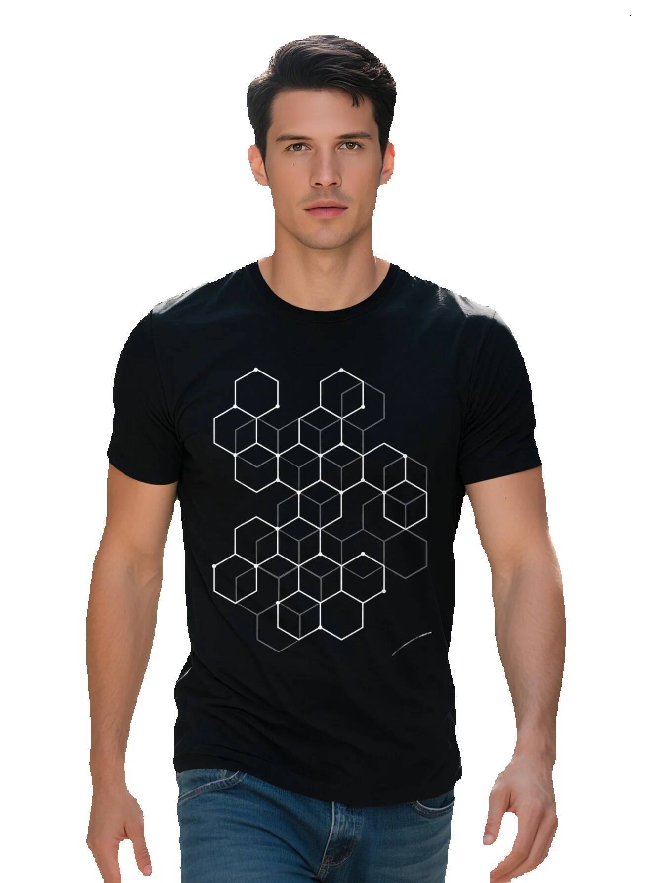 Men's Casual Hexagon Pattern T-Shirt Cotton Crew Neck Short Sleeve Knit Fabric Tee for All Seasons Weekend e46b4 a84de