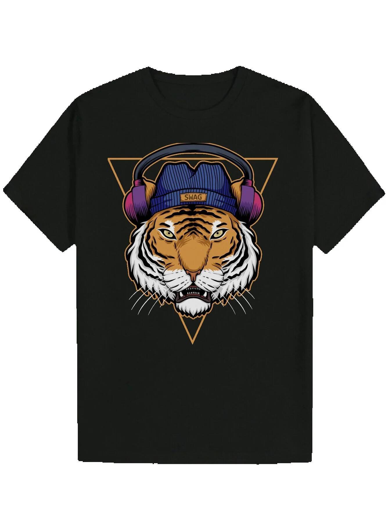 Men's T-Shirt - Tiger Headphone and Beanie Design, Black Polyester, Regular Fit, Machine Washable, Summer Casual Wear Pattern T-shirt | Comfortab