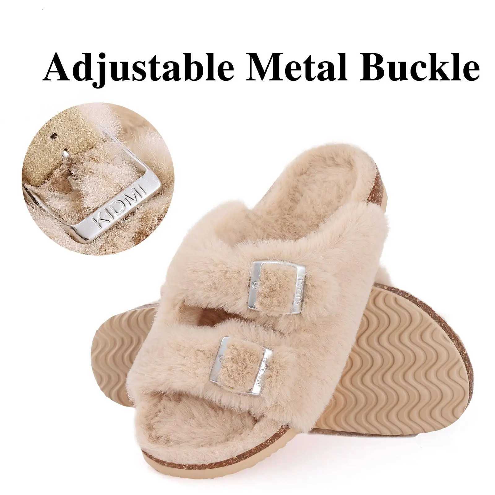 Evshine Womens Furry Cork Slippers Winter Soft Fluffy Open Toe Slippers With Adjustable Buckle Indoor Fashion Plush House Shoes XJ250811