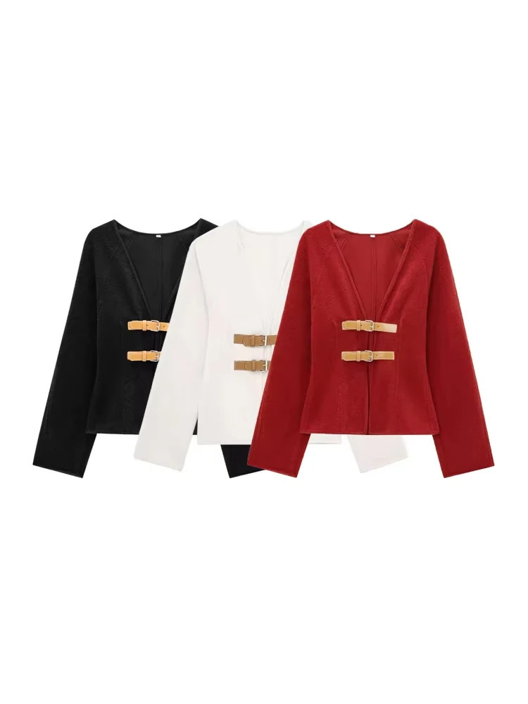 TRZA Women Fashion With Belt Woolen Jacket Coat V Neck Long Sleeve Female Outerwear Chic Tops 250809