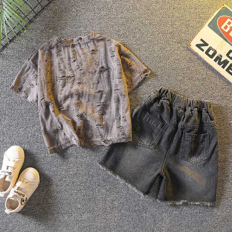 2pcs Set Boys Gray Hole Short Sleeved T-shirt + Denim Shorts Summer Suit 2025 New Fashion Baby Clothes Handsome Kid Clothing Z250811