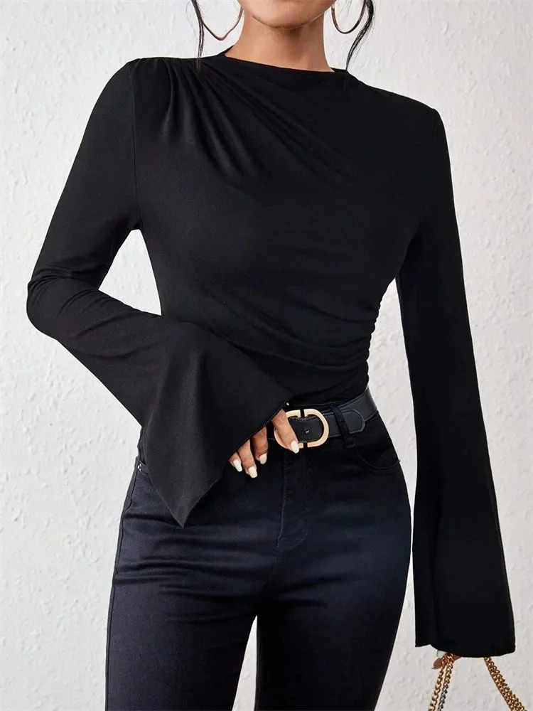 Women Flare Long Sleeve Pleated Mock Neck Blouse Top Autumn Winter Solid Color Ruched Tee Shirt streetwear 250811