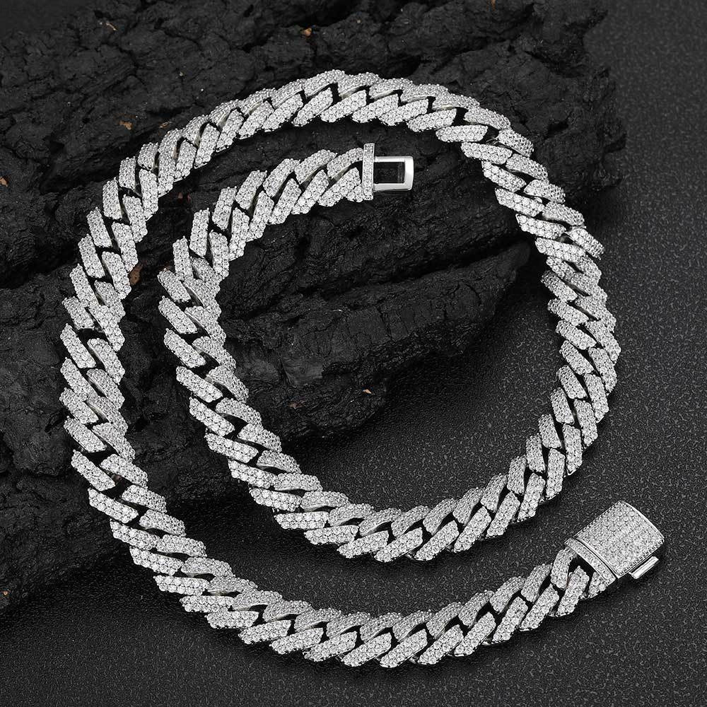 European American Trendy Brand Mens 12mm S925 Silver Mosan Diamond Cuban Chain Necklace Hip-hop Cross-Border Jewelry
