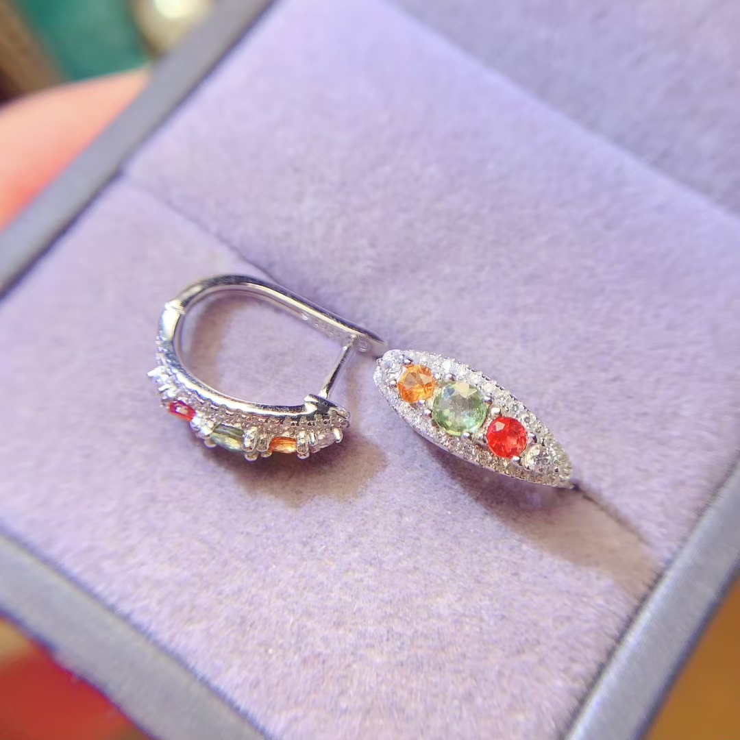 Allergy free 925 silver sapphire hoop earrings with thick 18K gold plating 3mm and 4mm natural sapphire earrings for party