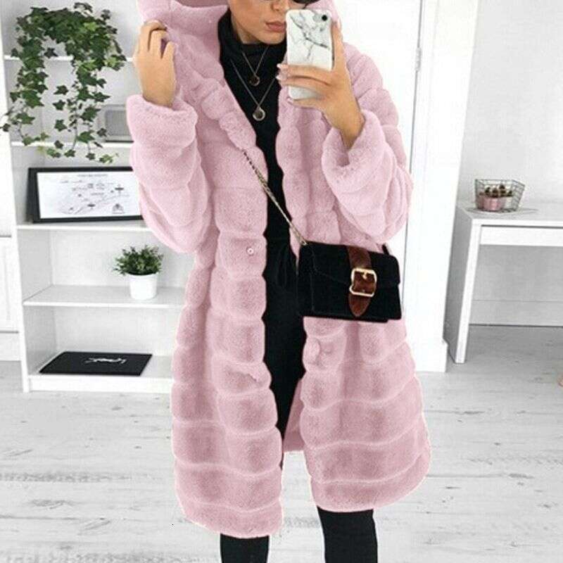 Women's Clothing Hot Selling Autumn And Winter Solid Color Plush Hooded Mid Length Coat For Women