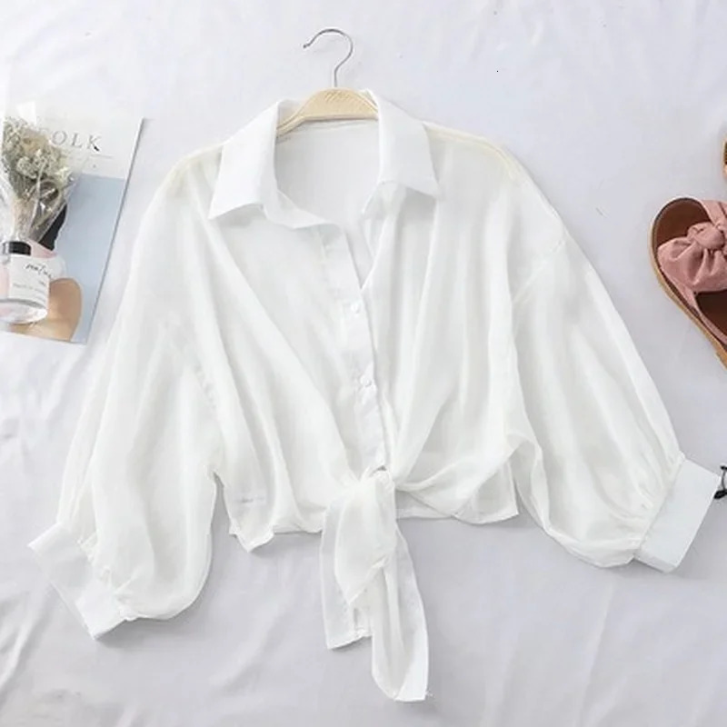 Chiffon Shirts Women 2025 Summer Half Sleeve Buttoned Up Shirt Loose Casual Blouse Tie Waist Elegant Blouses for Women 250811