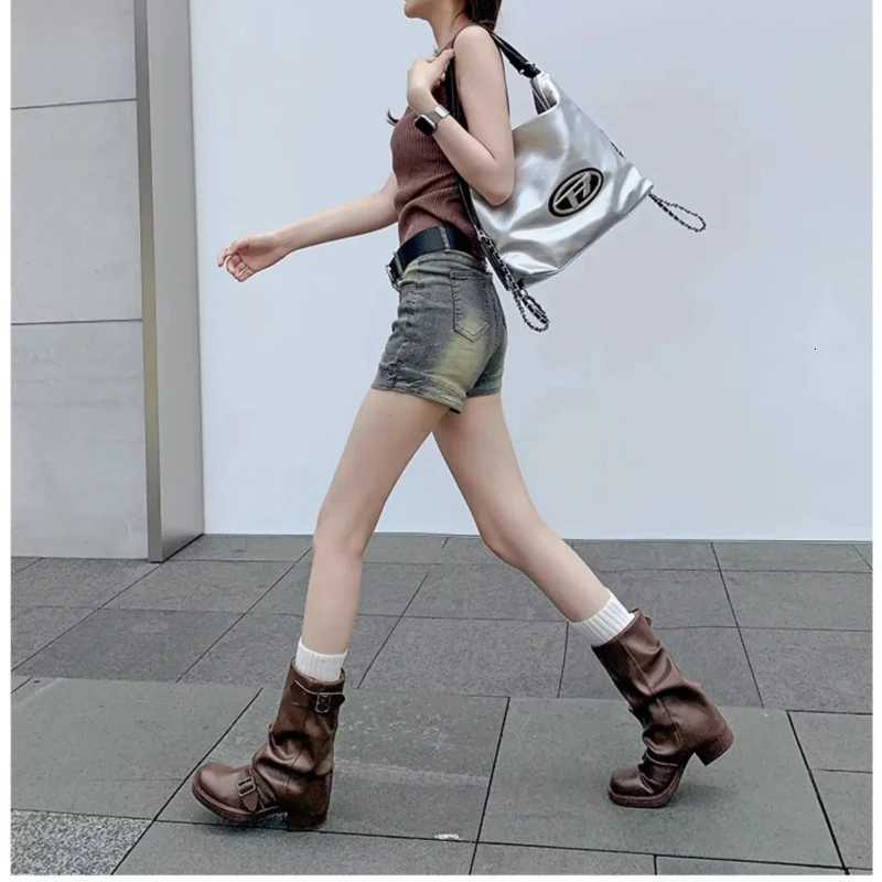 2024 Pleated Buckle Knight Boots for Women Autumn Brown PU Leather Mid Calf Boots Women Slip-On Thick Heel Riding Boots W250811