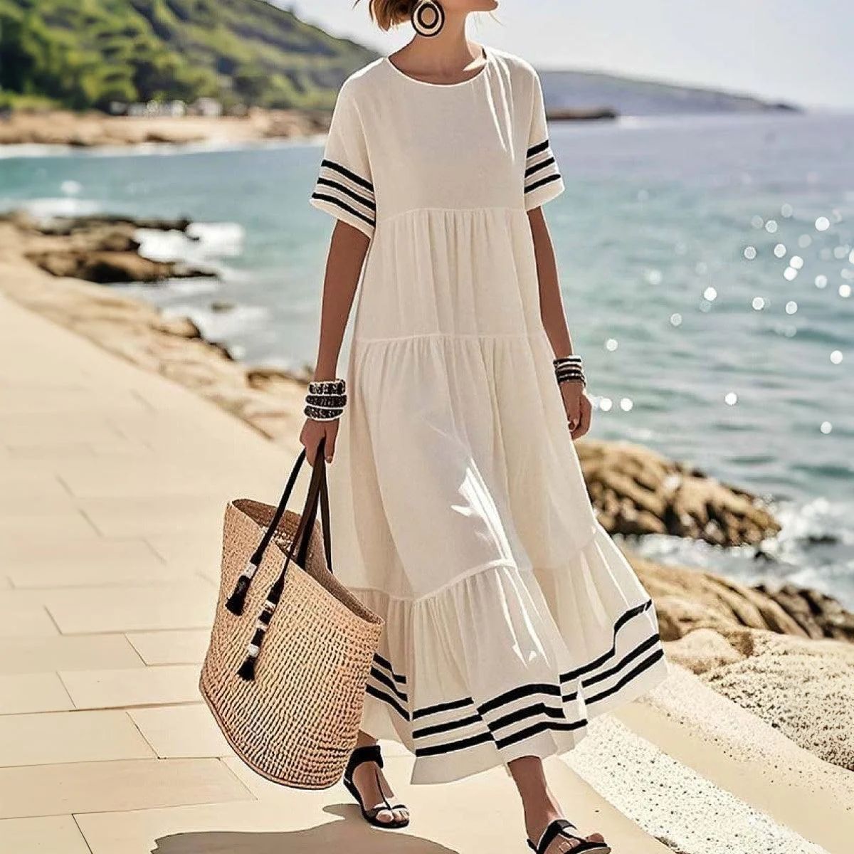 C83European and American foreign trade women's striped temperament leisure vacation round neck loose long dress