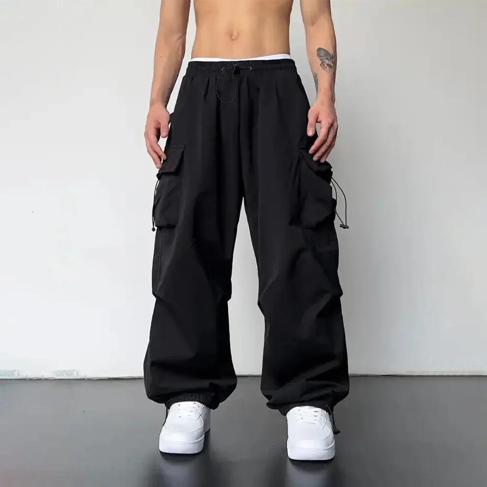 Spring Summer Fashion Casual Pans For Men Streetwear Solid Color Cargo Pants Elastic Waist Wide Leg Harajuku Casual Mens Jogger 250811
