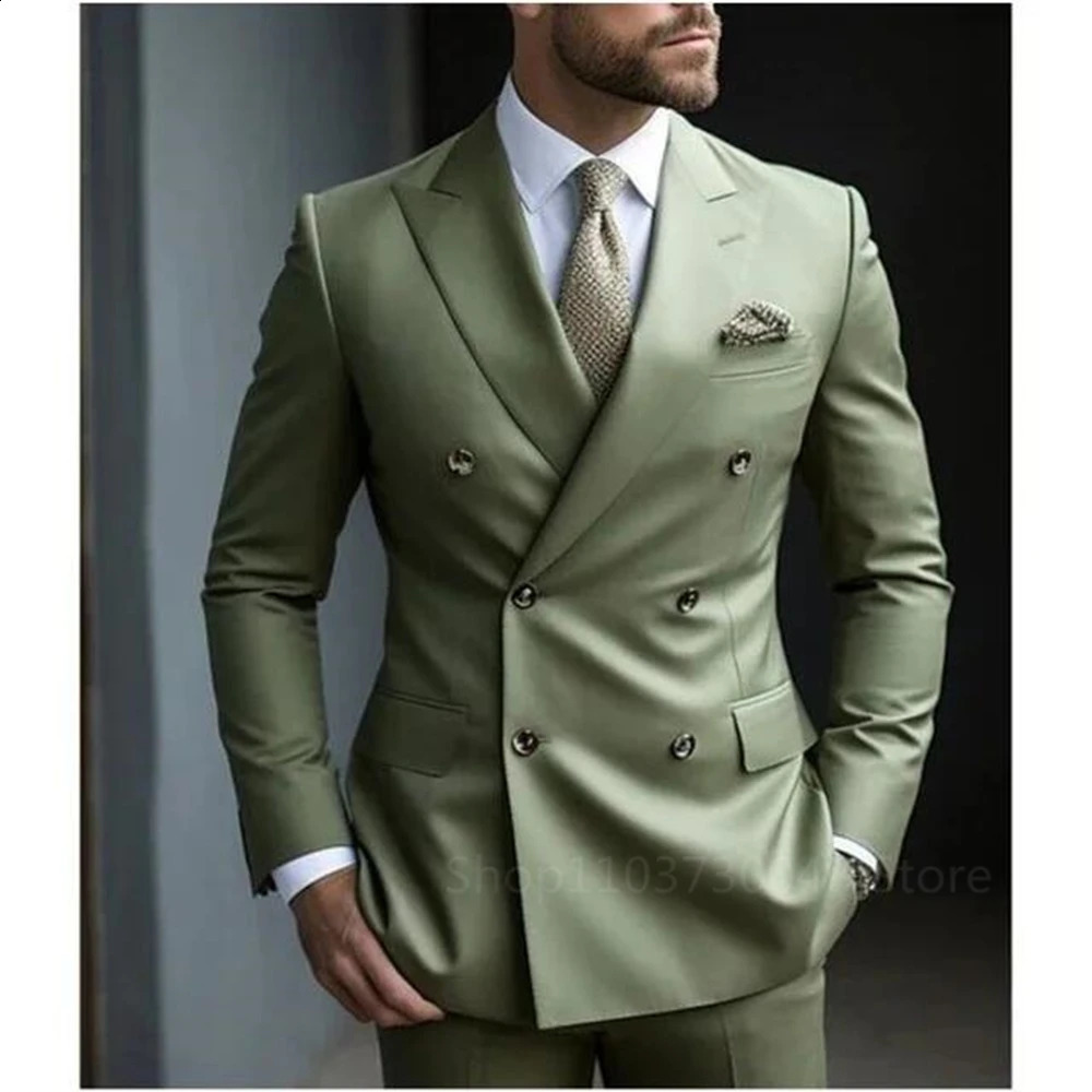 Solid 2 Pieces Men Suits Set Fashion Mens Formal BusinessWedding Groom Suits Lapel Double Breasted Blazer Trousers 250809