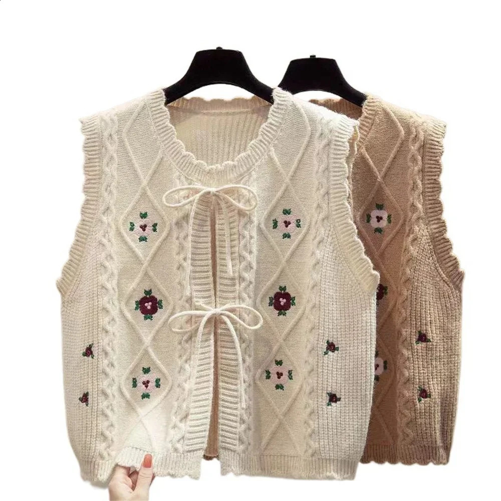 2025 Korean Spring Autumn Cardigan Embroidered Knitted Sweet Vest Women Loose Sleeveless Sweater Waistcoat Female Basic Tops 250805
