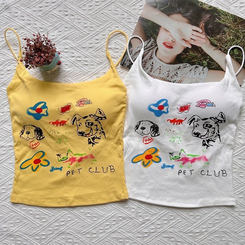 Yellow Dopamine Camisole Vest For Women With Chest Pads Beautiful Back Tube Top Base Layer Outerwear Sweet And Spicy Printed Top