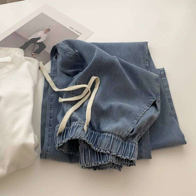 Women's 2025 New Fashion Side Pocket Decoration Loose Jogging Wide Leg Jeans Retro Elastic Waist Drawstring denim pants